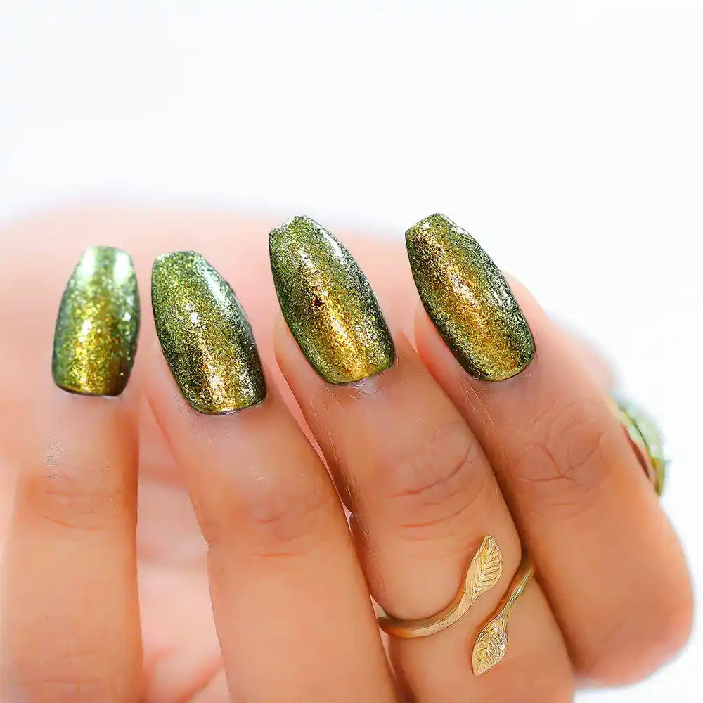 Gold to Green multichrome flaky nail polish bottle