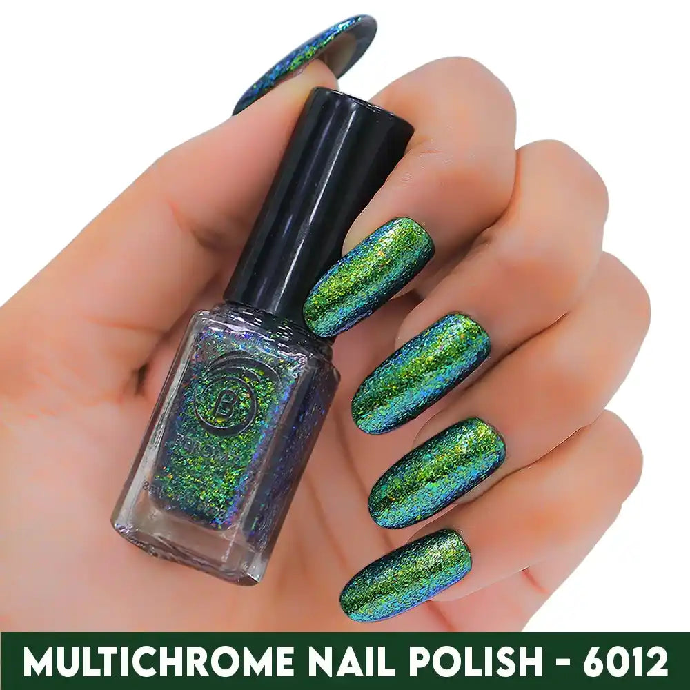 Bottle of color-shifting Gold Green Blue multichrome nail polish with high-gloss finish