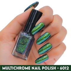 Bottle of color-shifting Gold Green Blue multichrome nail polish with high-gloss finish