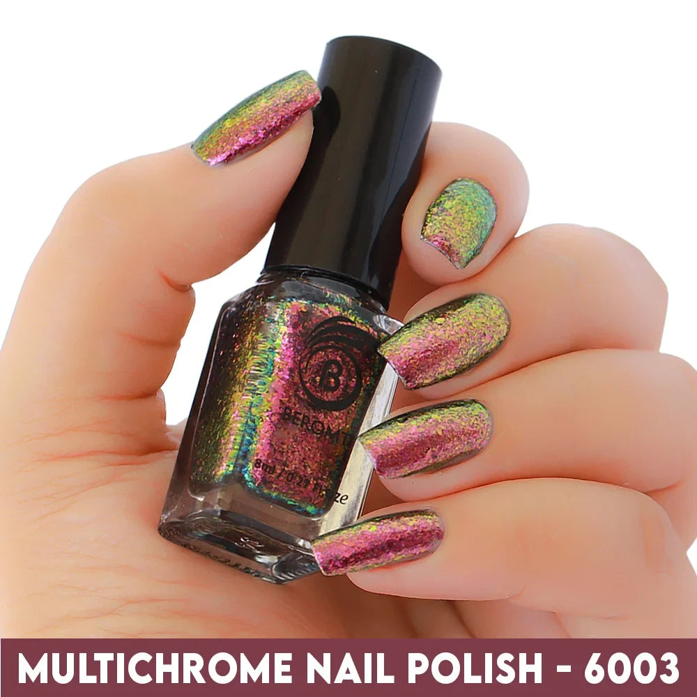 Multichrome nail polish with Pink-gold-green shift flakes
